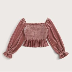 Flounce sleeve, shirred velvet top
